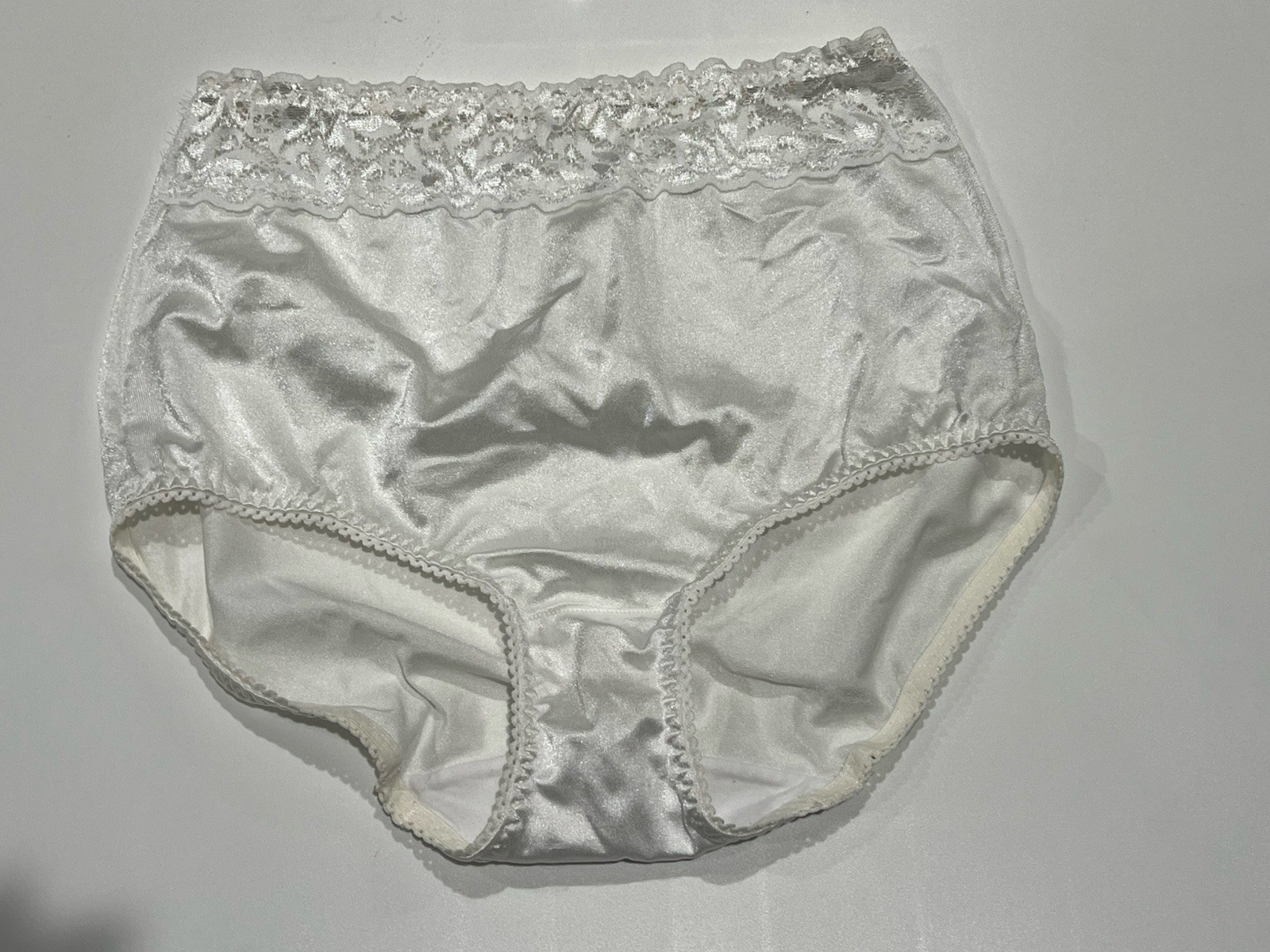 Vintage Underscore Satin Panties High Waisted Lace Size Large White Sissy Nylon