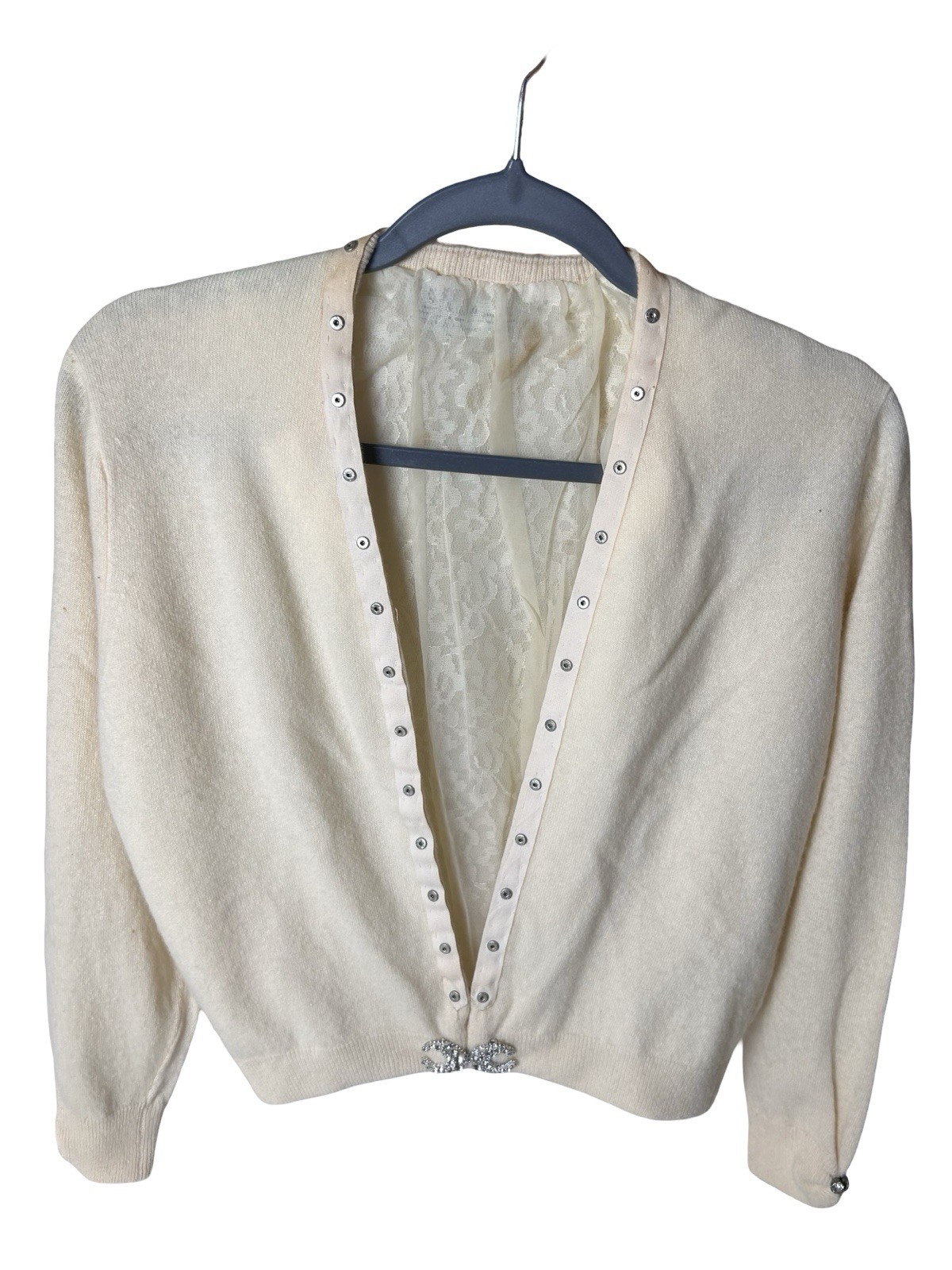 VTG 50s Bernhard Altmann 100% Cashmere Cardigan Sz M Mink FUR Collar Jeweled