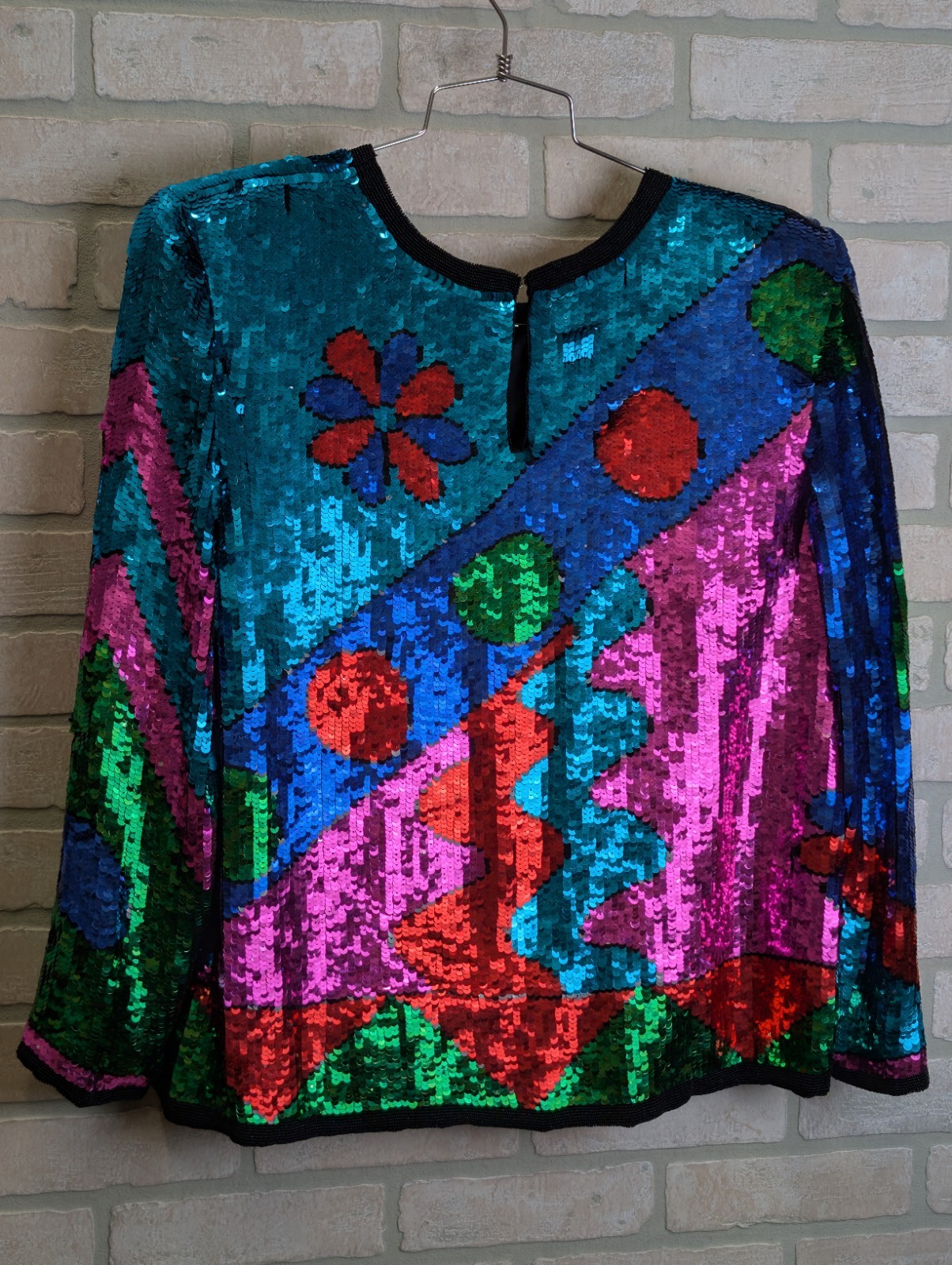 1980’s Vintage Avalon 100% Silk Kitschy Multi Color Bright Sequence Top LG