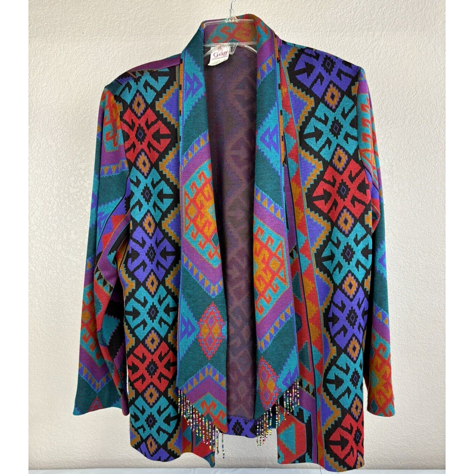 Vintage Graff California Wear Aztec Tribal Open Front Beaded Fringe Cardigan 14