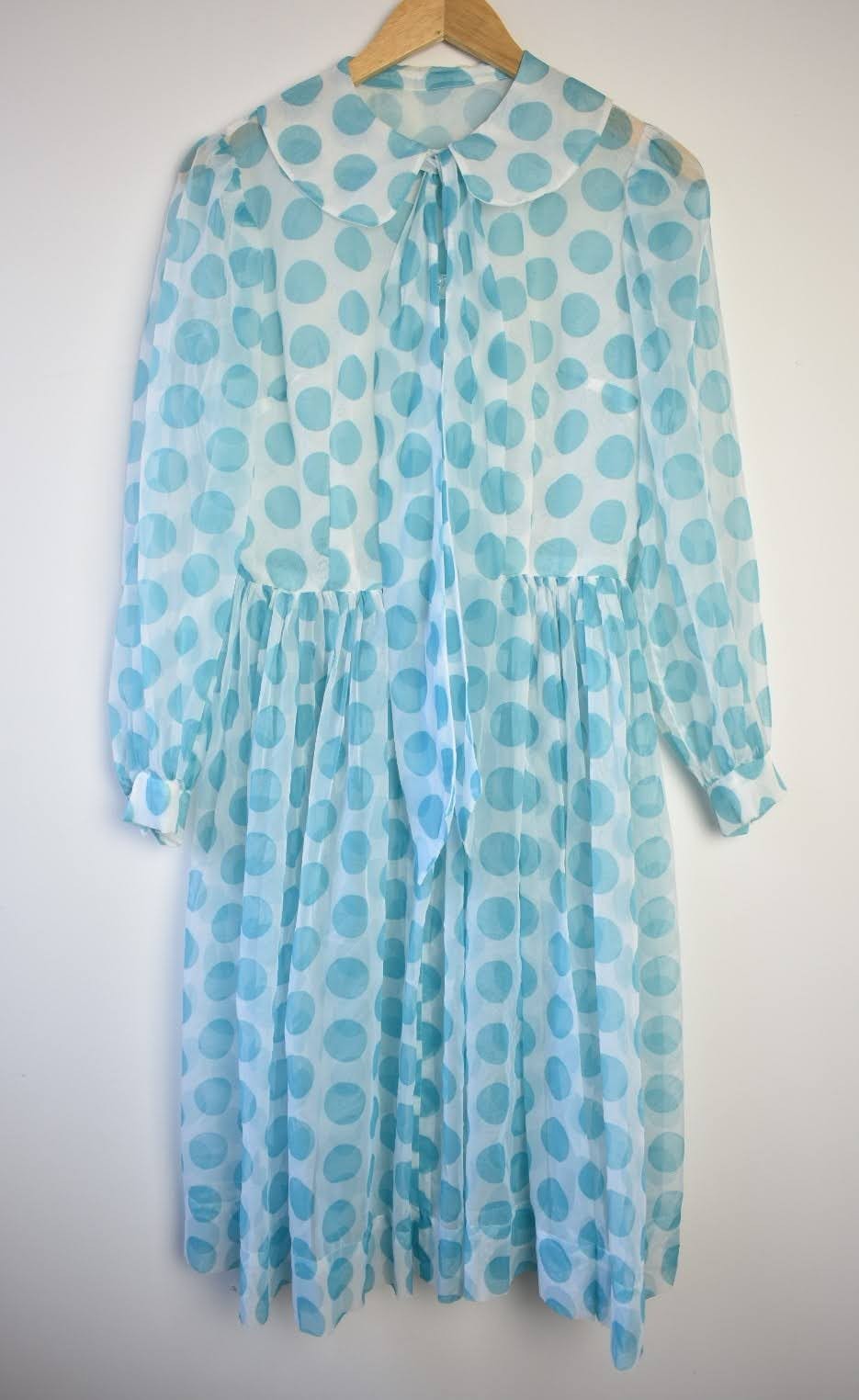Vintage 1960s Handmade Blue Polka Dot Sheer Belted Dress