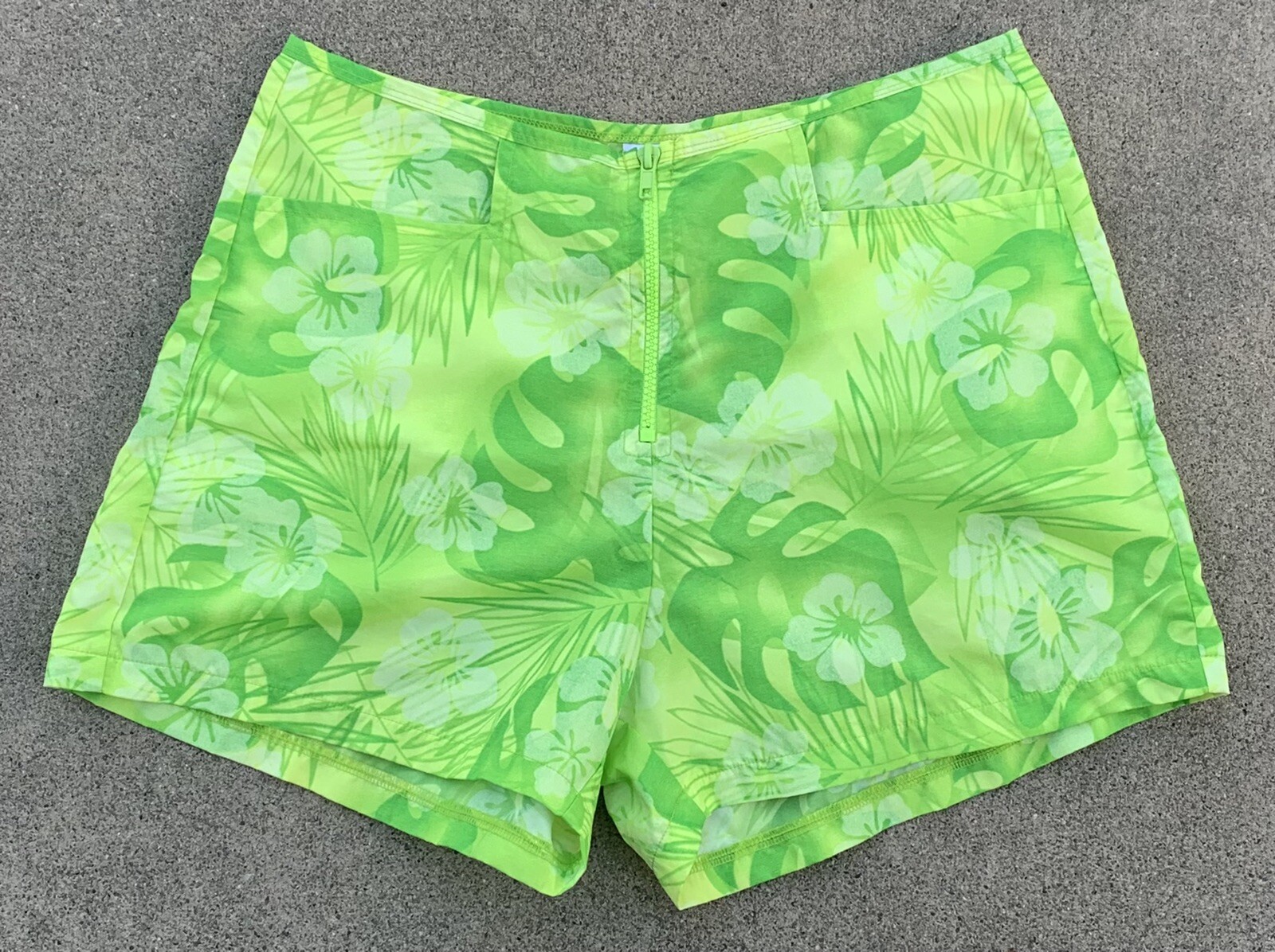 vintage bright green yellow nylon short board shorts exposed zipper front M 90s
