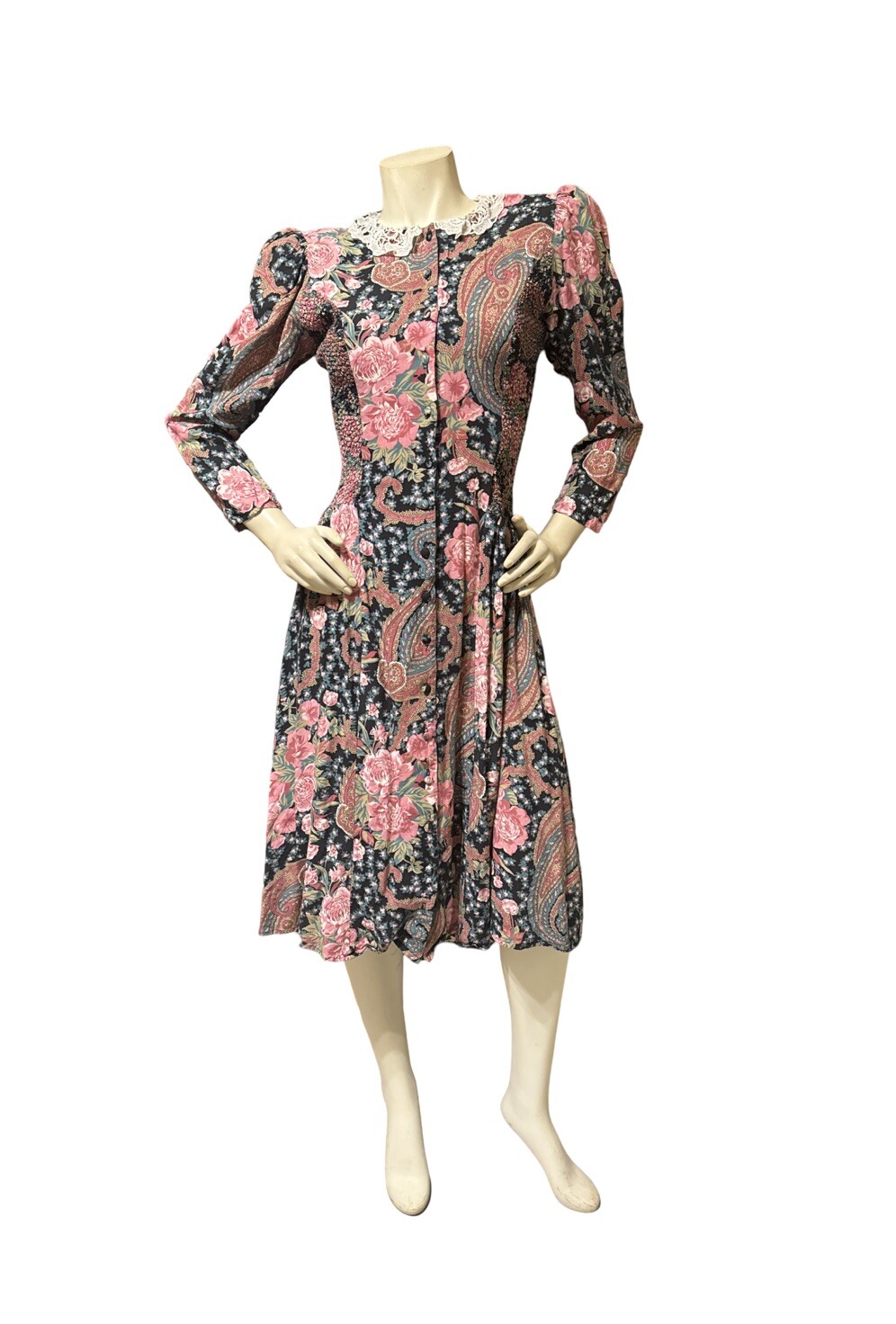 Vintage 1980s Black ACT 1 NY Dress Floral Paisley Print Smocked Secretary Lace
