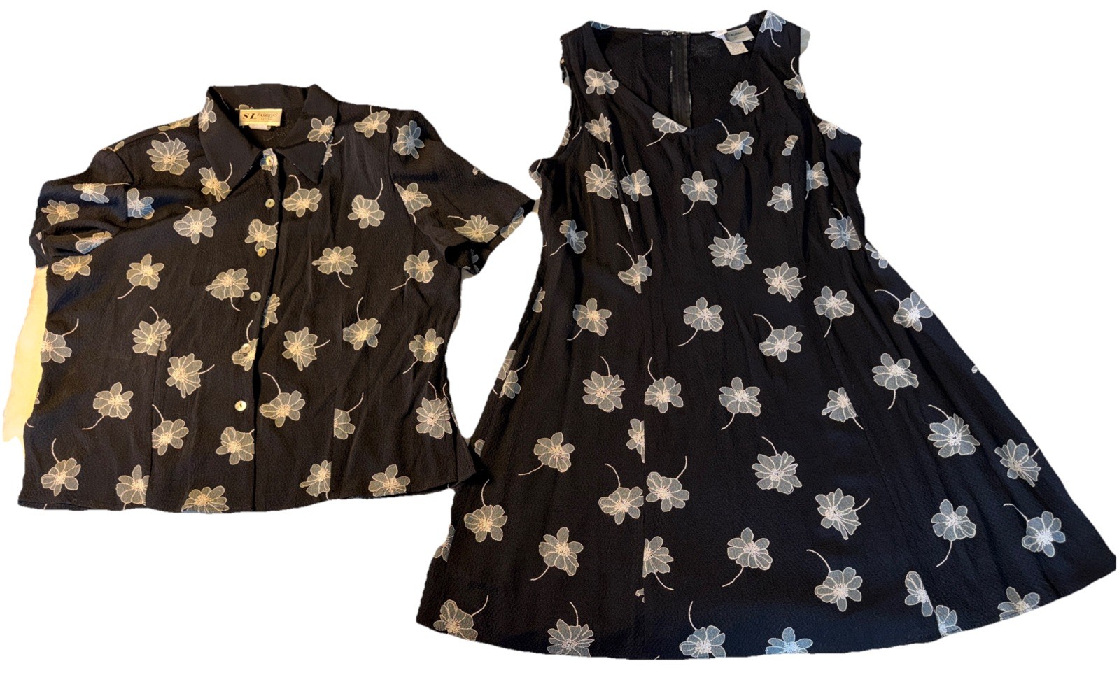 Vintage S. L. Fashions Black Floral Short Sleeve Midi Dress Size 14P Classic