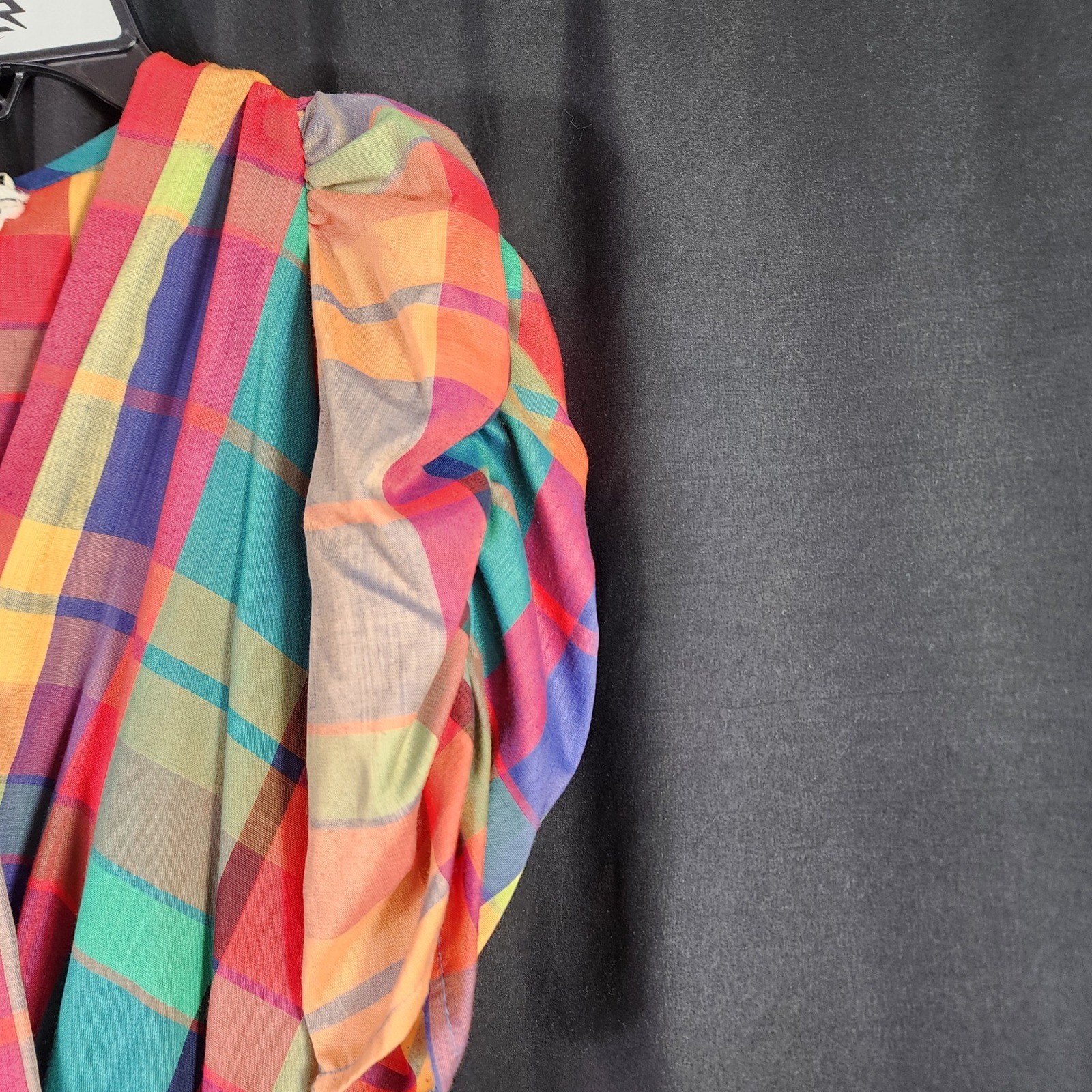 Vtg Rainbow Plaid Puff Sleeve Ruffle Hem Midi Dress 80s Retro Whimsigoth Disco