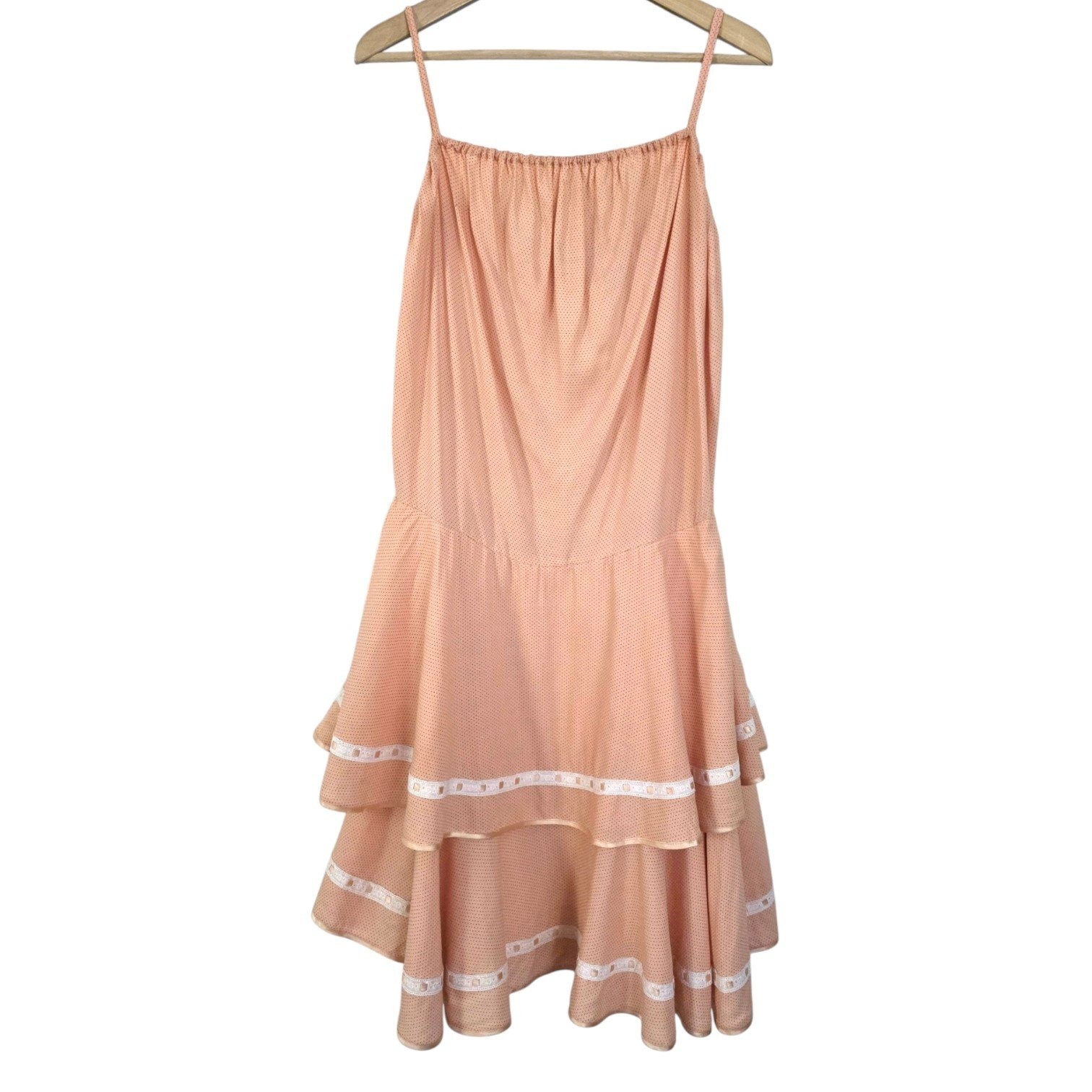 Vintage Emmanuel Schvili Peach Swiss Dot Drop Waist Tiered Coquette Summer Dress