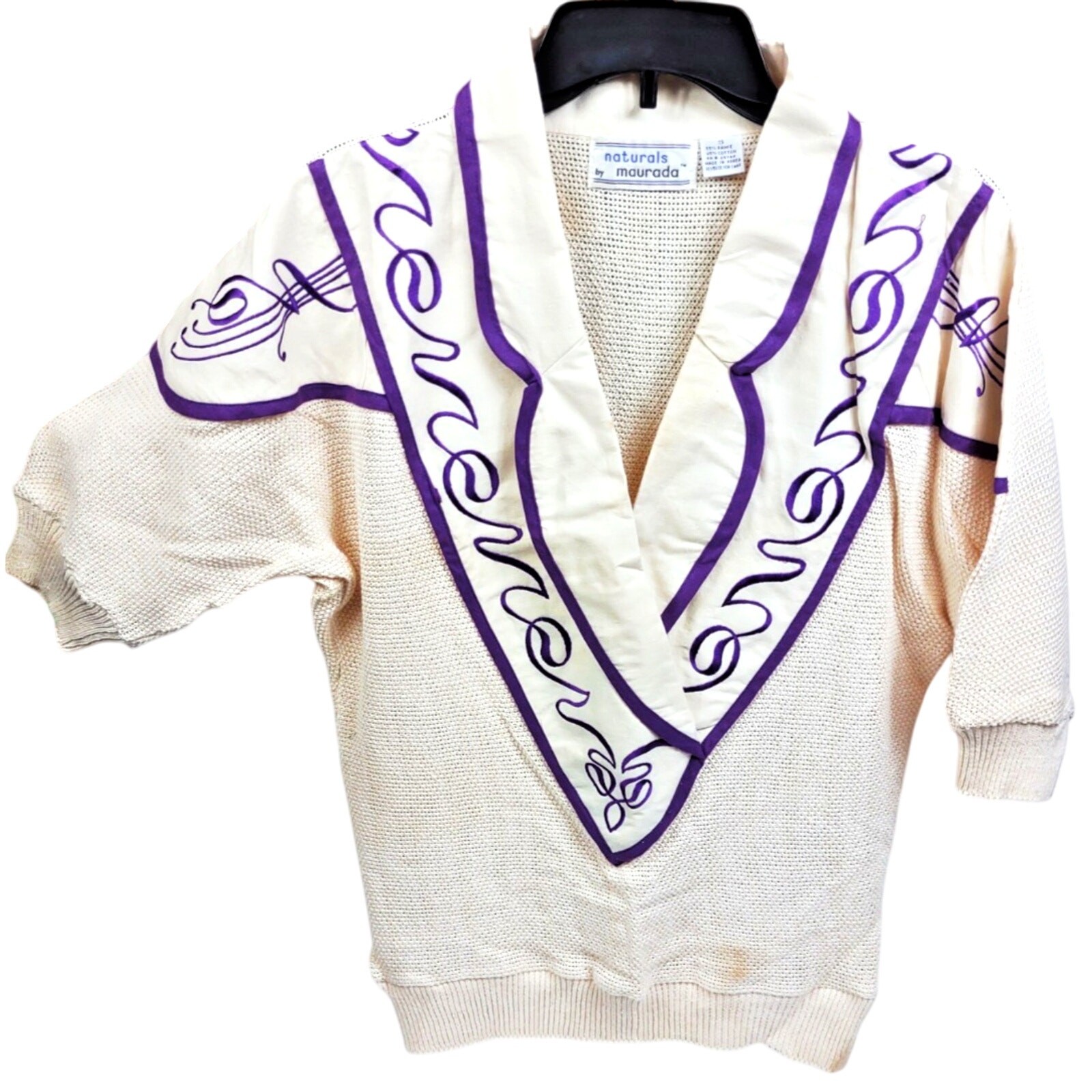 Vintage Maurada Embroidered Crochet Coverup Sweater Open Weave 80’s Small Ramie