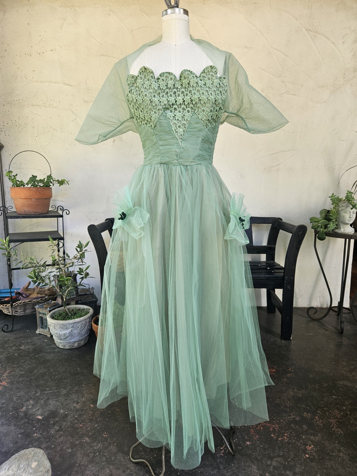 1950s 4 Piece Dress Set Green Tulle Cupcake Silhouette Matching Jacket And Glove