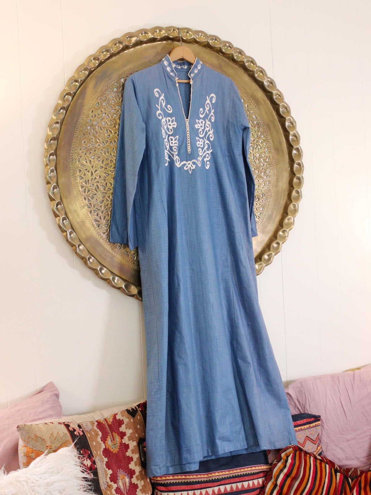 VTG 960s Silk Blue Caftan Maxi Dress Embroidered Folkwear Middle Eastern Morocco