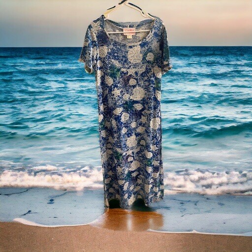VTG Liberty House By Nalii Honolulu Maxi Dress Size L? Blue White Seashells EUC