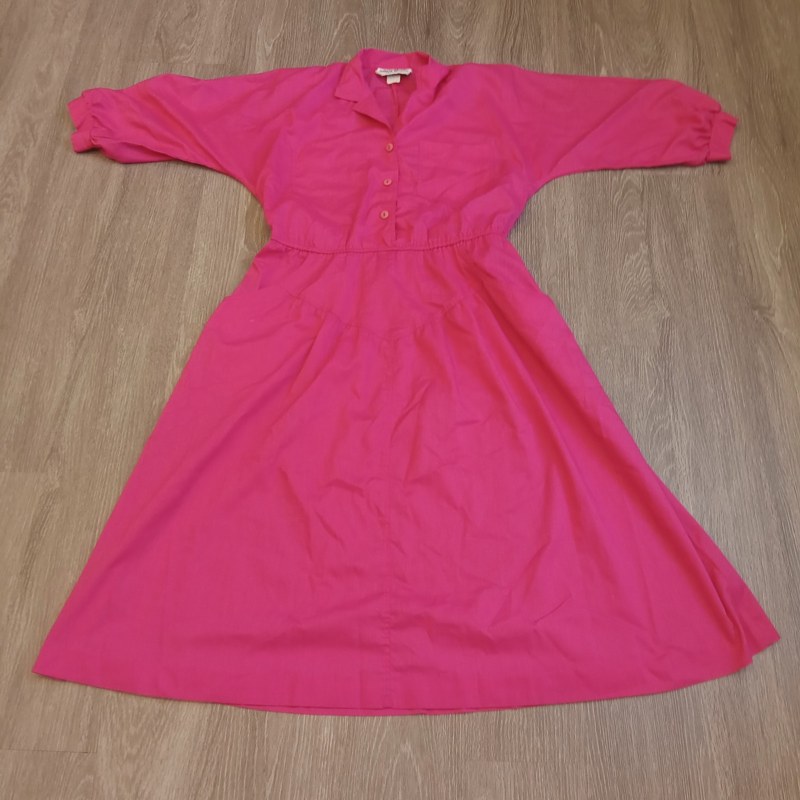 VTG LG? American Shirt Dress Fuchsia Hot Pink Flared Hem 4 Pocket Shoulder Pads