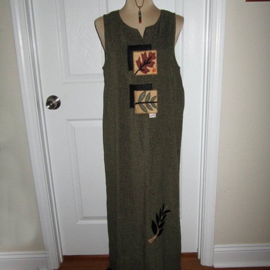 Vintage Beverly’s Olive Green Leaf Applique Maxi Dress 90s Cottagecore Artsy S