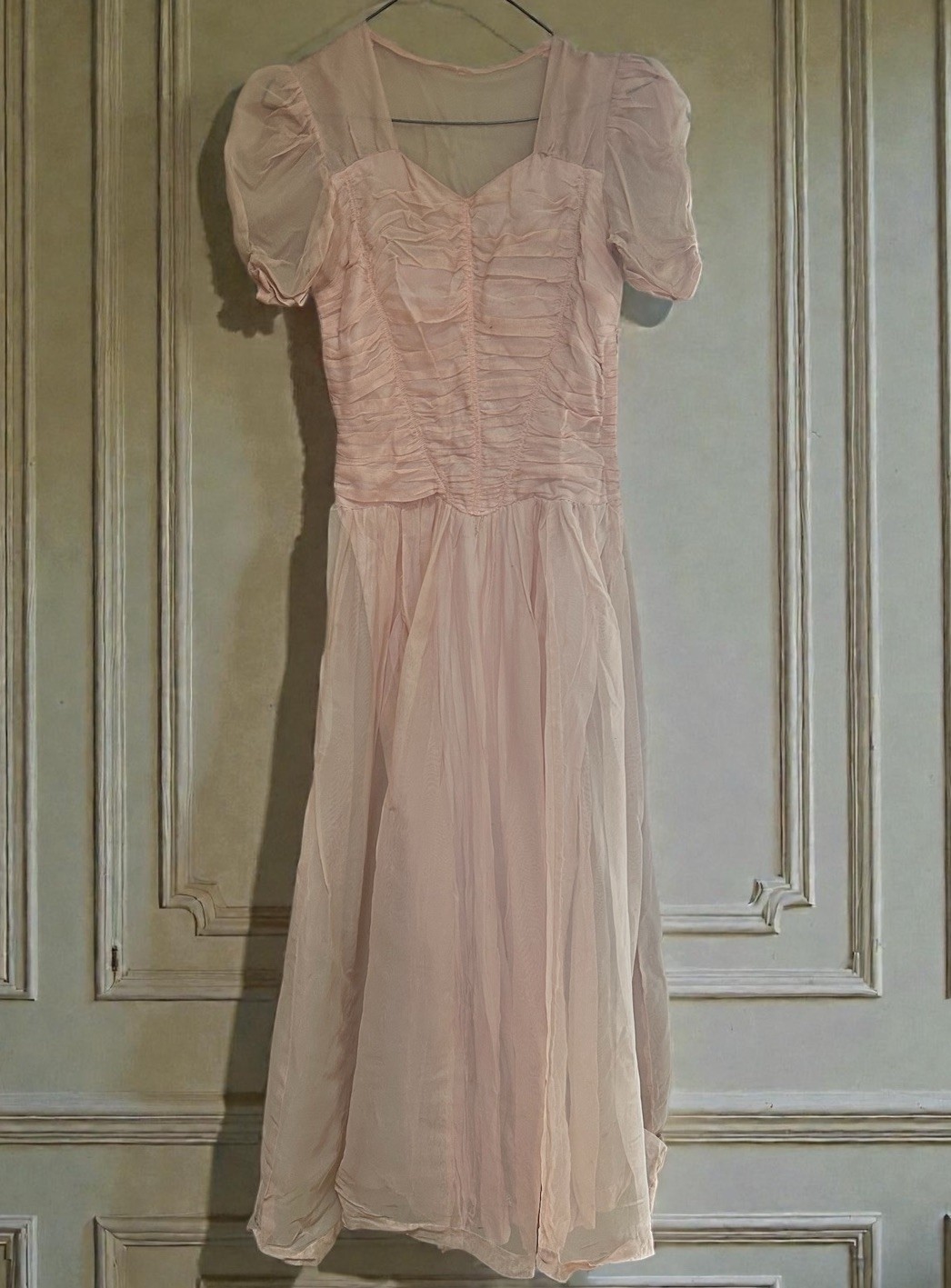 Vintage 1930s Pink Tea Dress Art Deco Ruched Sheer Lined Coquette Sz 27w Antique