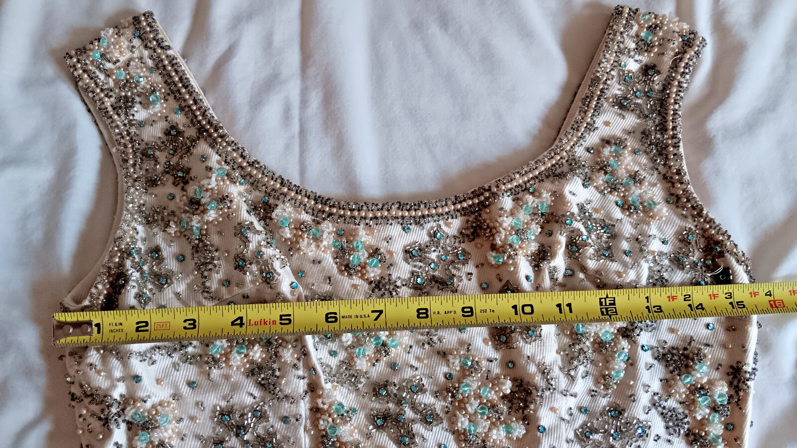 VINTAGE C. 1966 WOMENS TANK SHEATH BEADED TOP DRESS HANDMADE BLUE IVORY SZ M