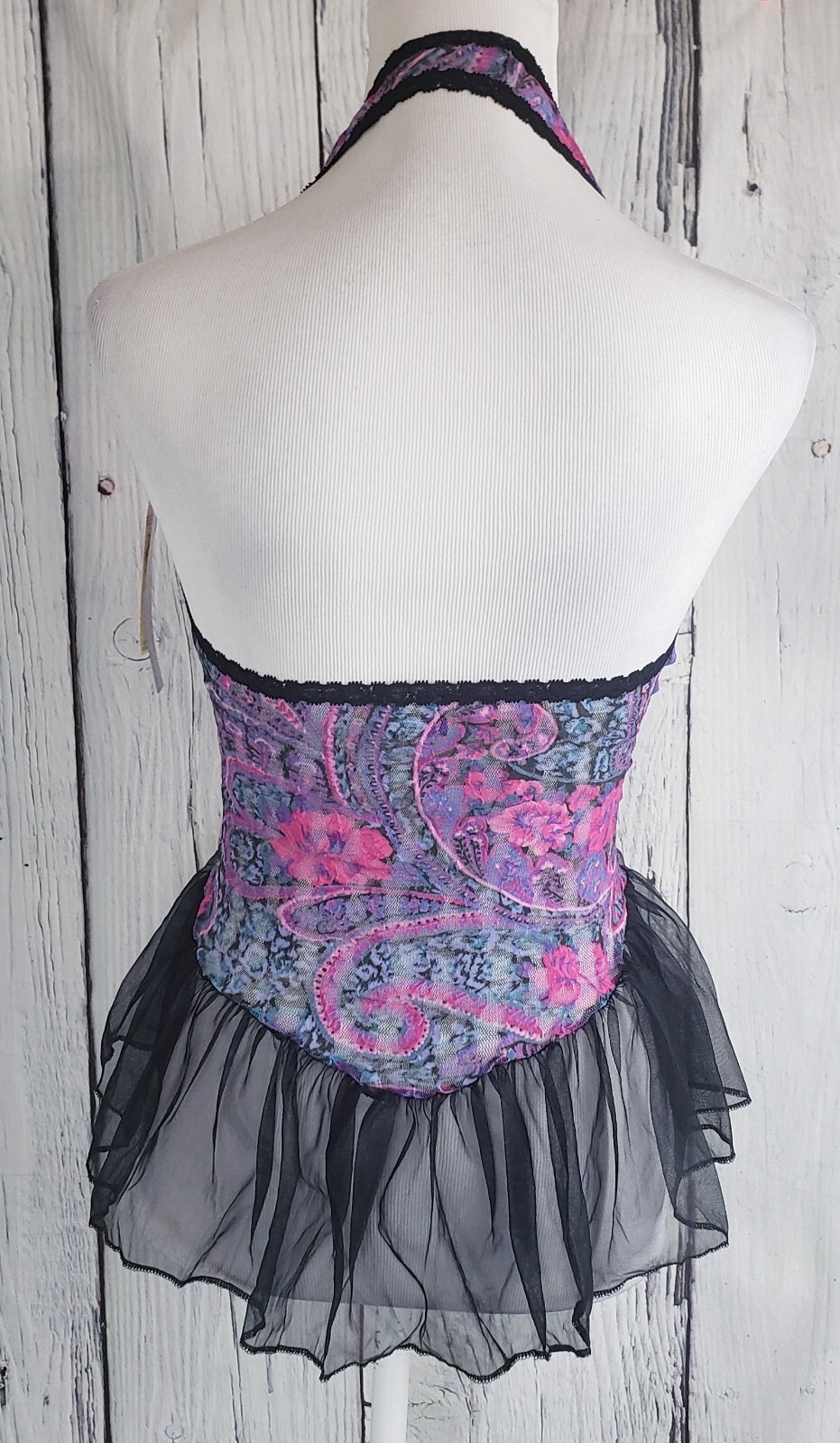 VTG Nancy King Women Lingerie Halter Babydoll & Thong Set Lace Paisley S/M Retro
