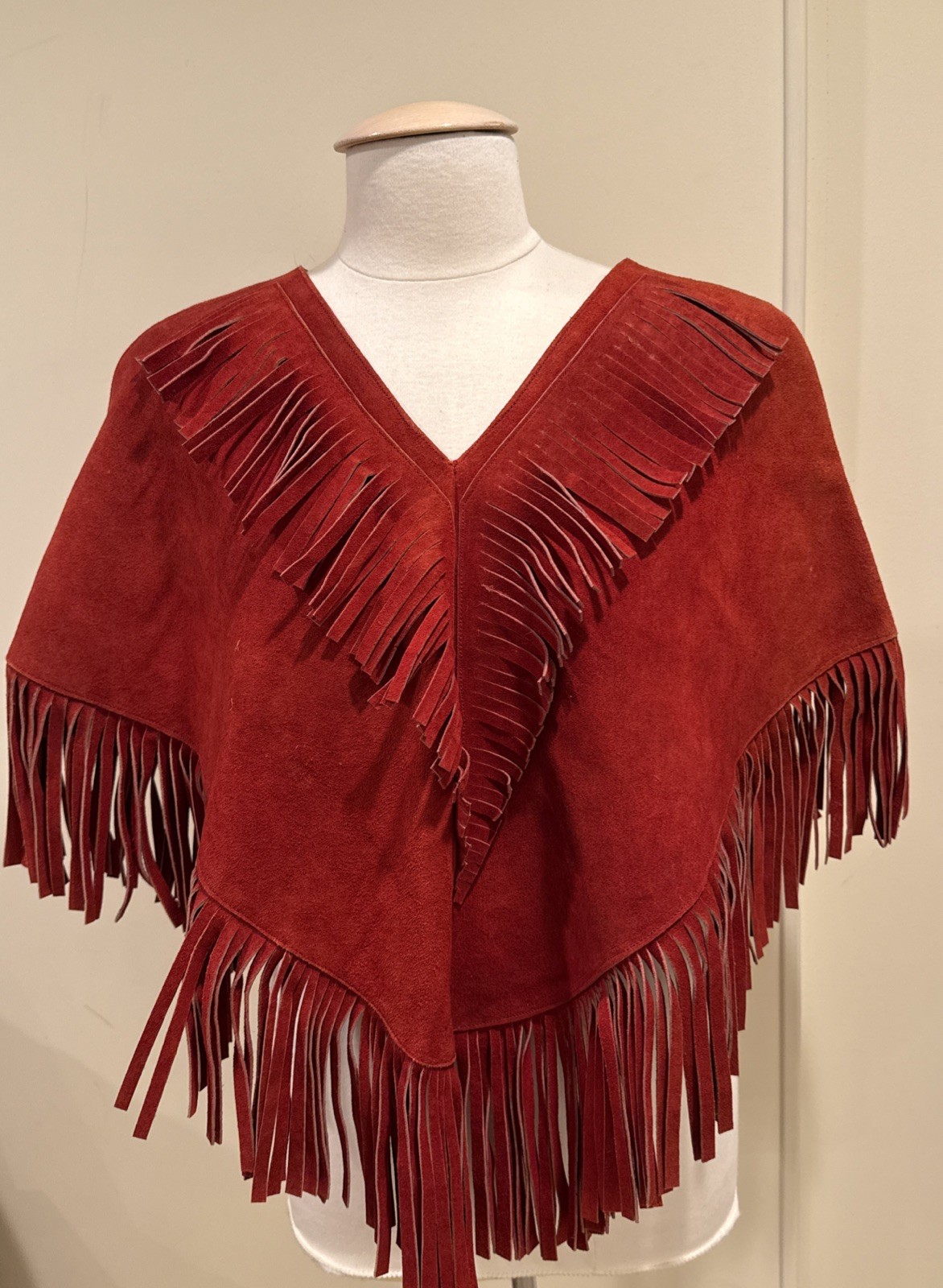 Vtg. Leather Poncho Suede Fringe Cape Boho Western Hippie