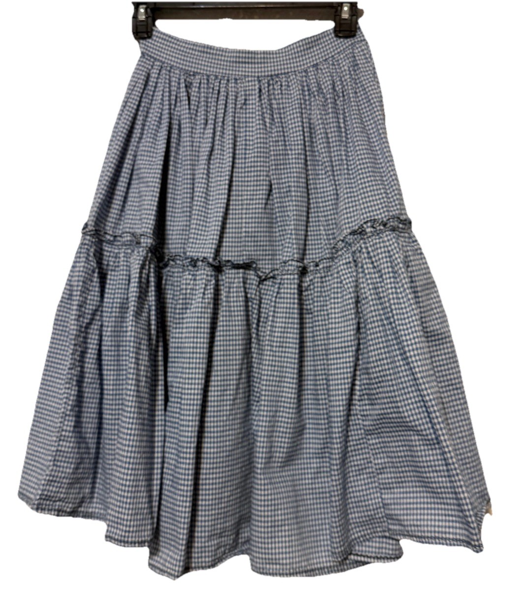 Vintage 70s Hand Crafted Blue Gingham Cotton Tiered Midi Boho Skirt 22” W, 25” L