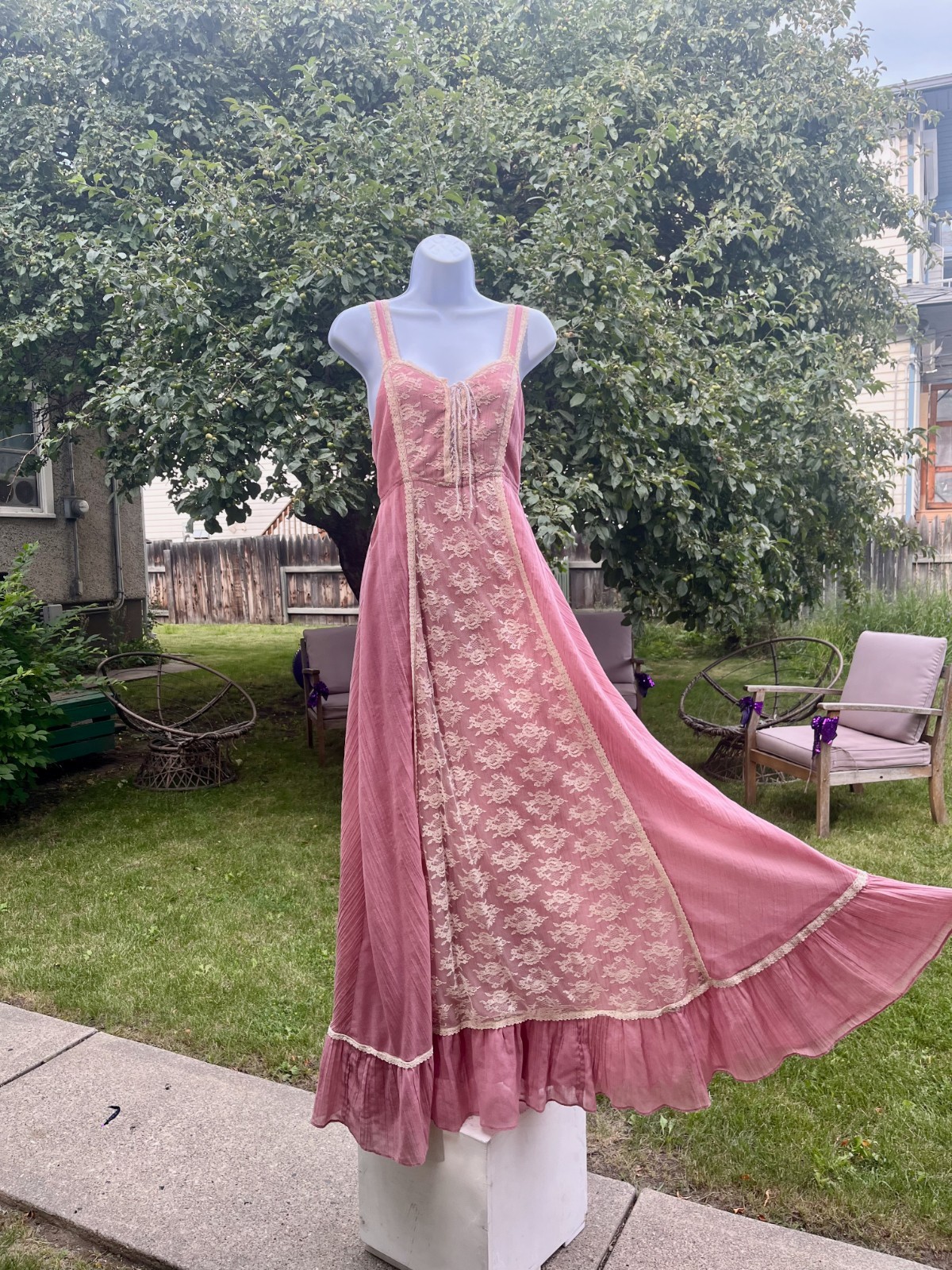 Vintage 70s Boho Prairie Maxi Dress Lace Dusty Rose Peasant Fairy Cottagecore S6