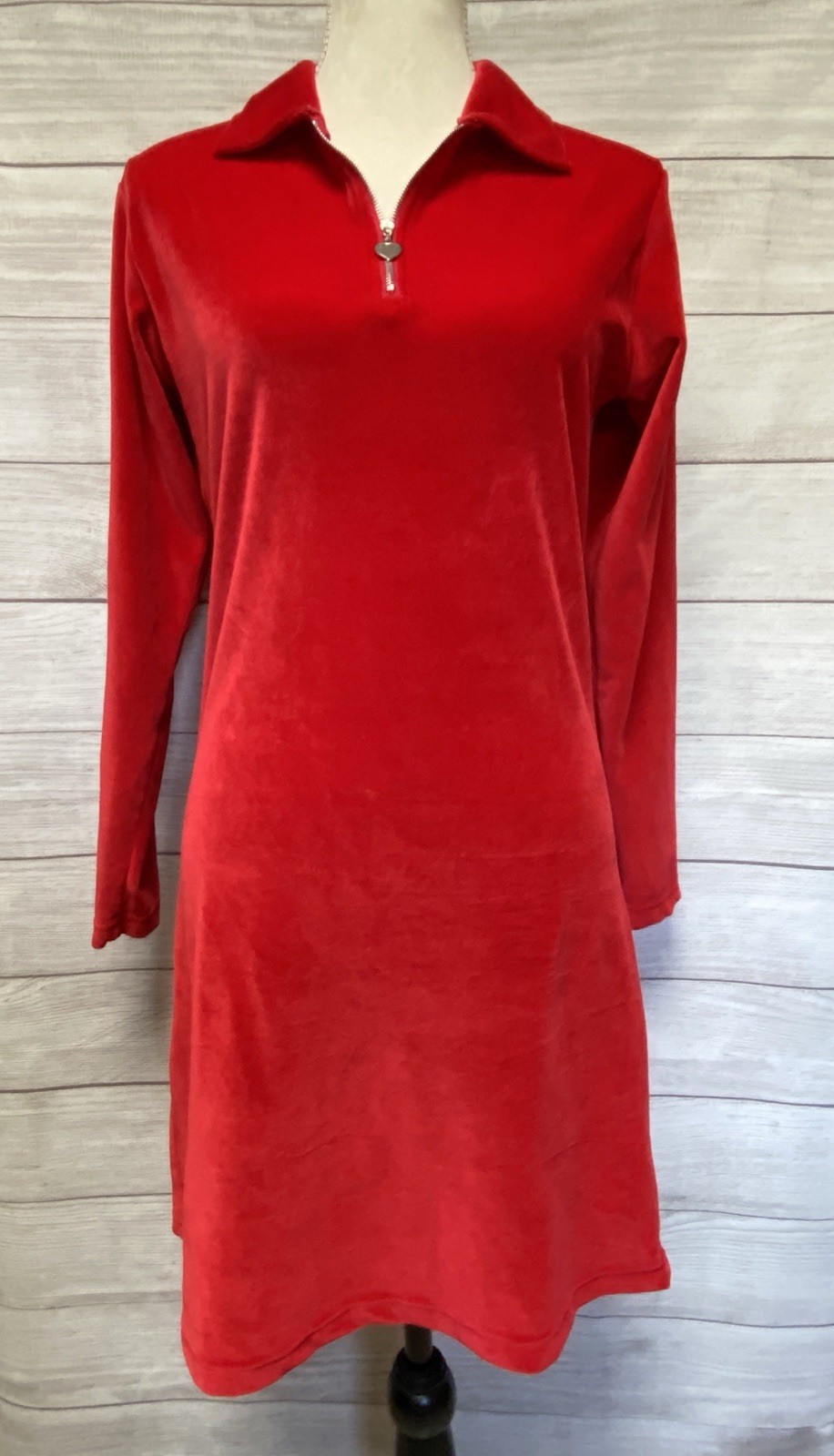 Vintage Red Velvet Mini Dress Heart Zipper Long Sleeve Collar Valentines Small