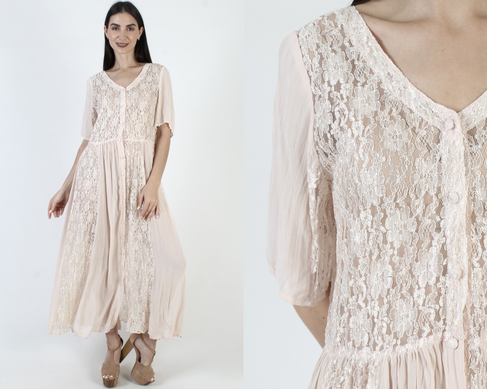 Vtg 90s Nude Gypsy Lace Grunge Dress Sundress Champagne Babydoll Sheer Maxi L