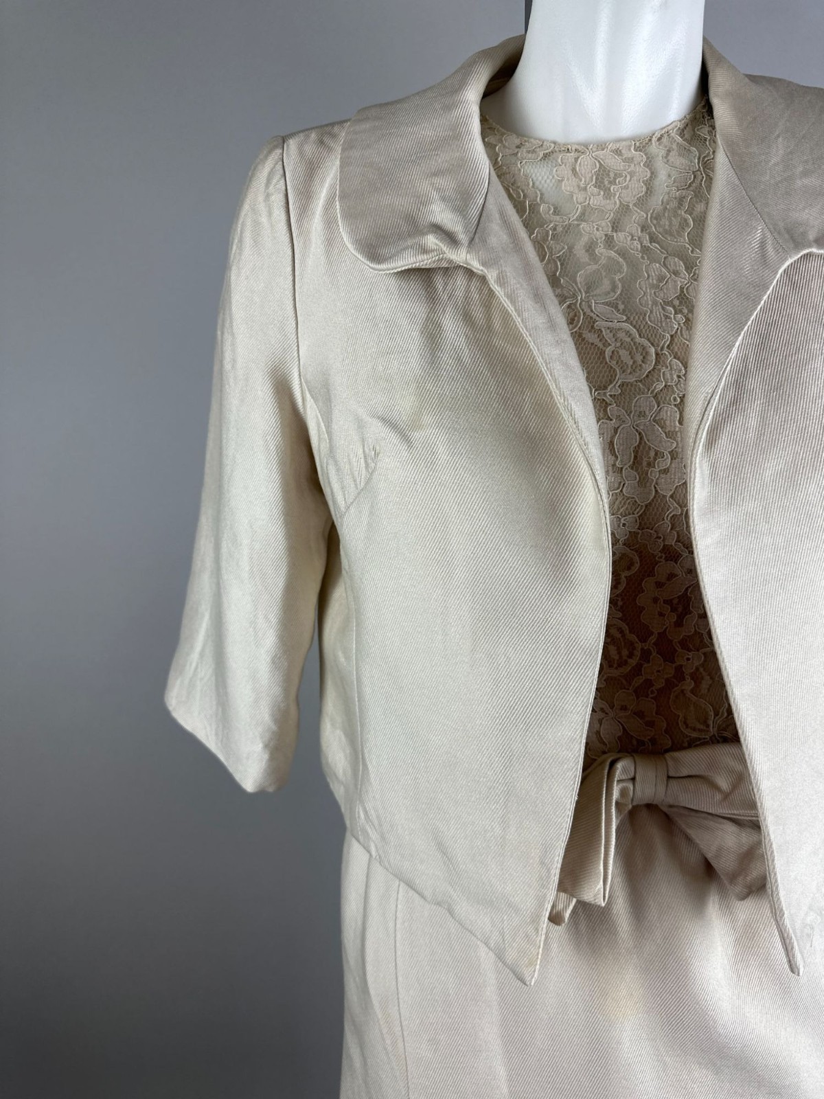 Vintage 60s Cream Lace Sheath Dress Jacket Set Bridal Mod Cocktail Mad Men Small