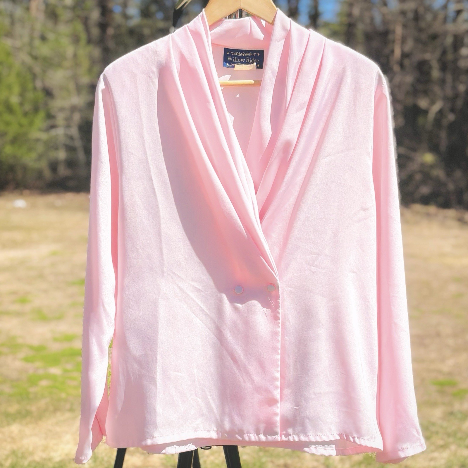 VTG 80s USA Elegant Willow Ridge Silk Wrap Blouse Pink Flowy Shirt Draped Collar