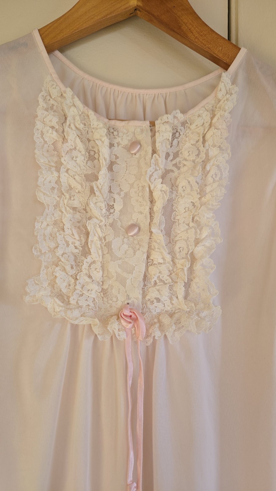 Vintage Button Down Ribbon Bow Lace Silky Lingerie Nighty Babydoll Slip Blouse