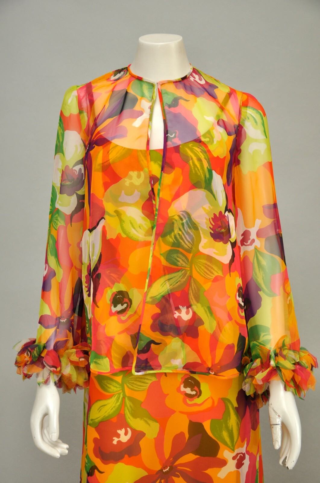 Vintage 1970s LEO NARDUCCI Floral Chiffon Sleeveless Maxi Dress Shirt Boho XS/S
