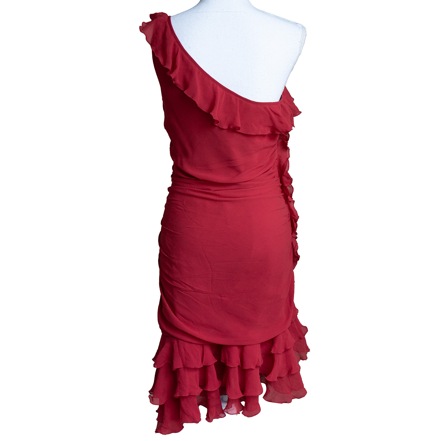100% Silk Red Ruffle Dress Y2k Vintage One Shoulder Ruffle Asymmetrical Hem Midi
