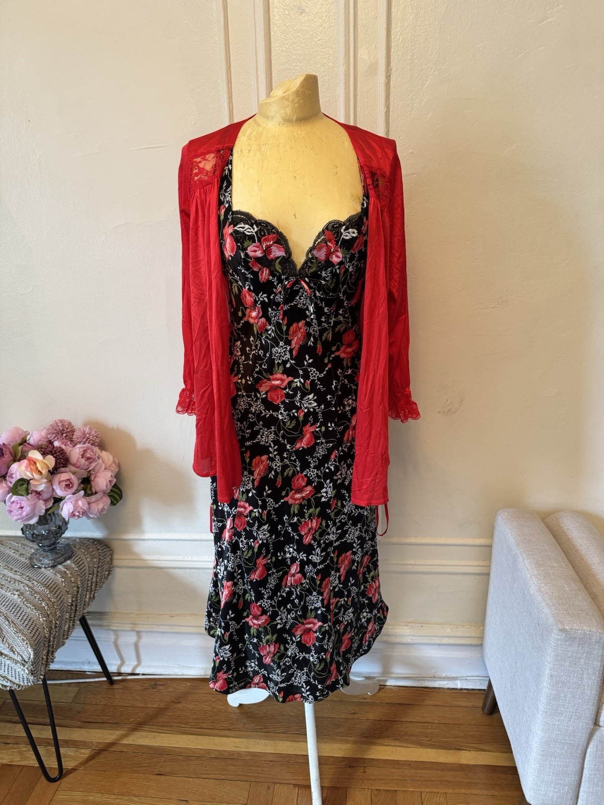 Vintage Josie Floral Black Red Slip with Shirley of Hollywood Lace Nightgown Set
