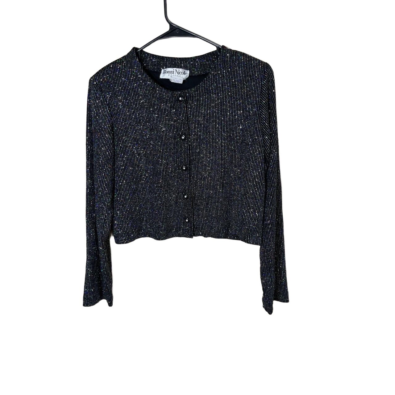 Ronni Nicole by Ouida Black Metallic Shimmer Button Up Cropped Cardigan 10P