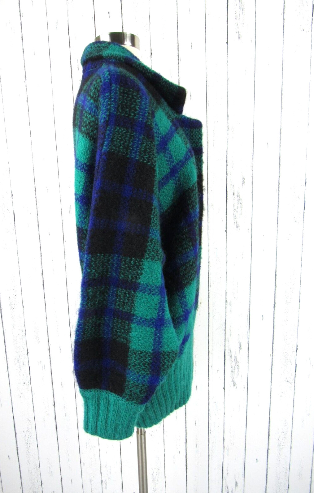 Vintage 90s IB Diffusion 70% Mohair Green Purple Plaid Oversized Cardigan Jacket
