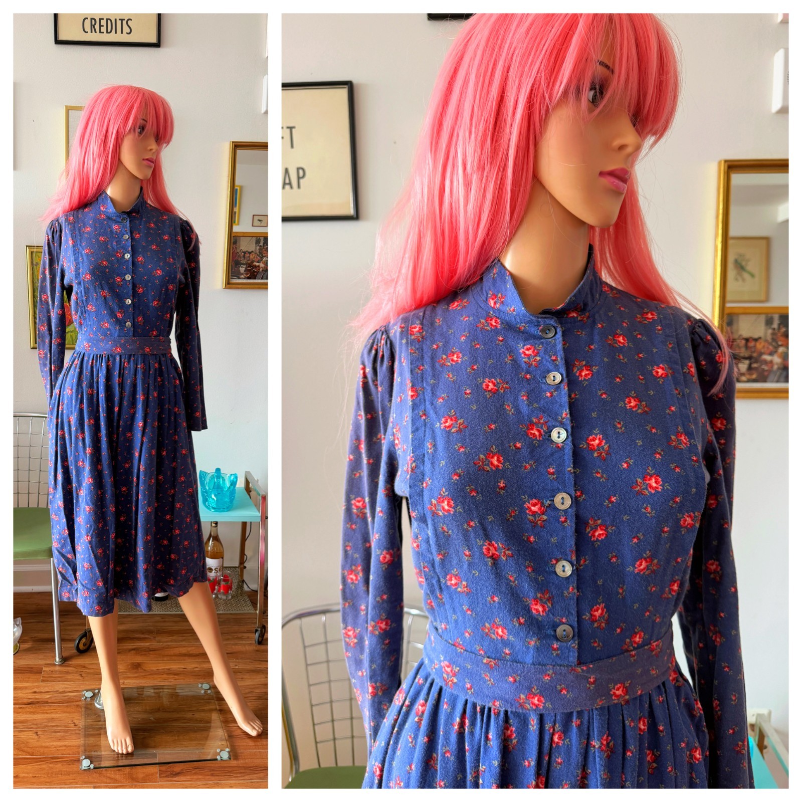 🕊️Vtg 80s Laura Ashley Cotton Wool Flannel Ditsy Calico Prairie Sash Dress M
