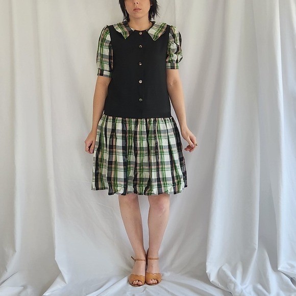 70s Black, Green, and Pink Plaid Drop Waist Dress