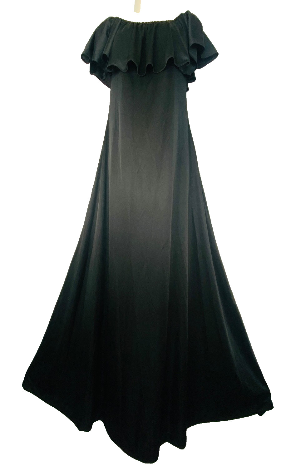 Vintage 1970s black maxi dress cape flutter sleeve tent trapeze off shoulder