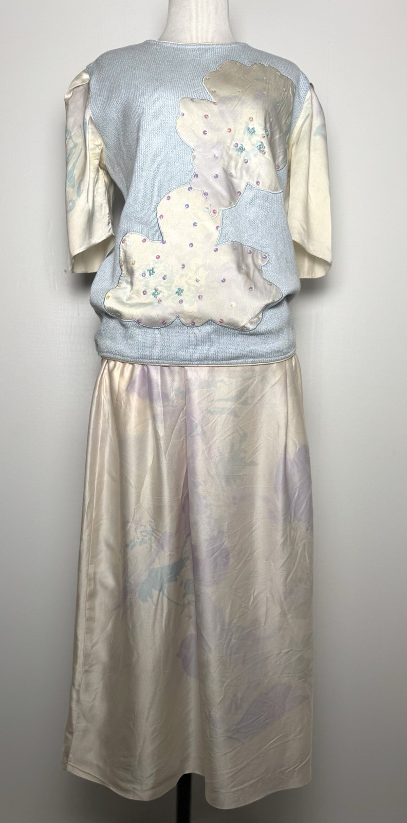 Vtg Sicari Silks Silk Skirt Matching Top 2Pc Set Pastel Appliqué M Resort Vacay