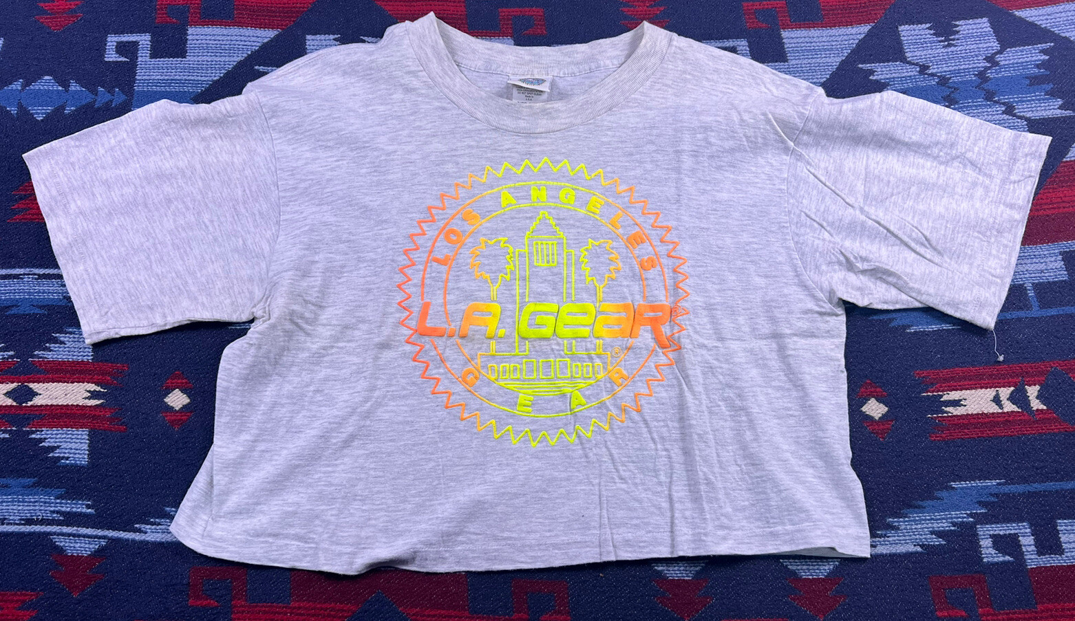 Vintage 90s LA Gear Crop Top T-shirt OSFA XL all over print USA made gray