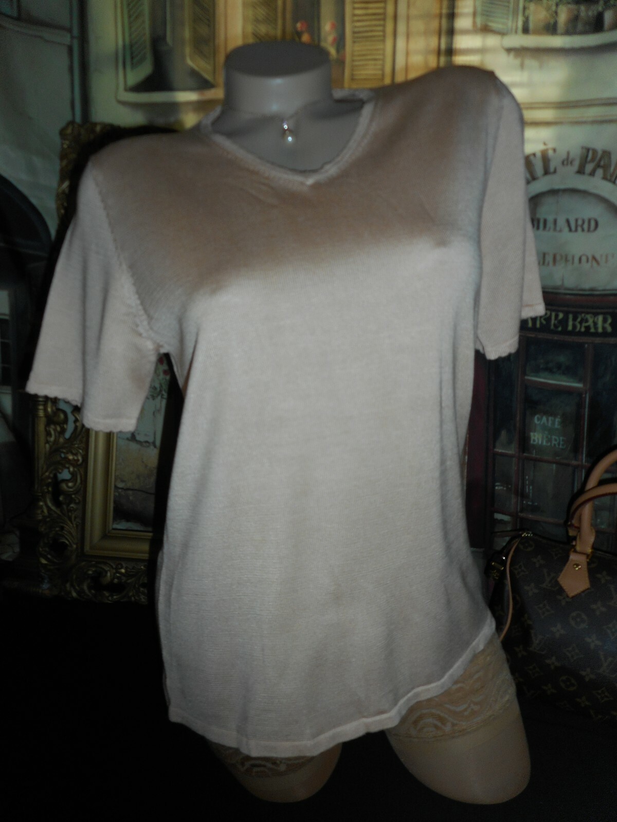 L Silk Knit Top s/s V-neck Dusky Peach Pink Beige & Vtg Round Silk Scarf