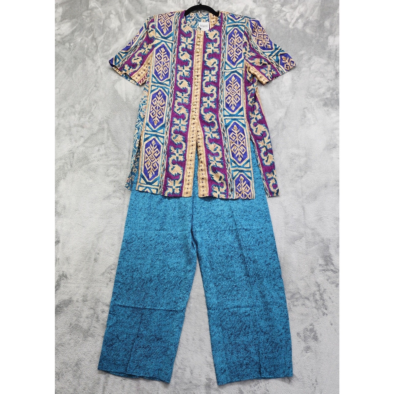 Vintage 80s R &M Richards Karen Kwong Top Pants Set Women’s Size 8 Blue Purple