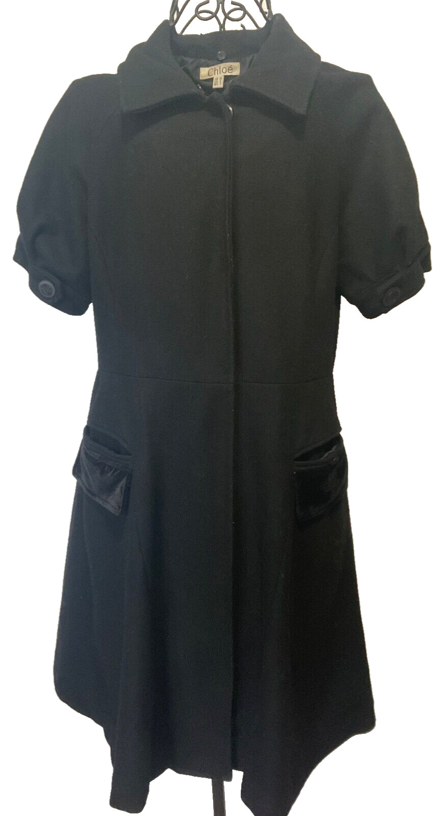 Vtg CHLOE Black Lined Dress/Coat ..Velvet trimmed pockets, size 8 (B1)