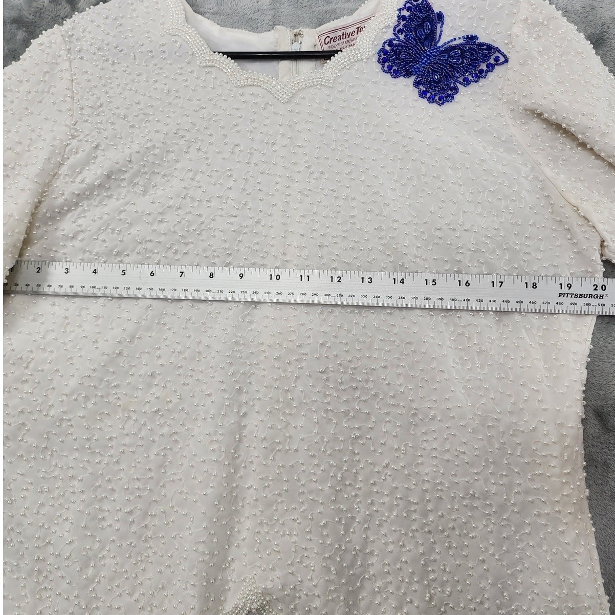 Vintage 80s Creative Touch Top Womens M White Blue Beaded Butterfly Scalloped