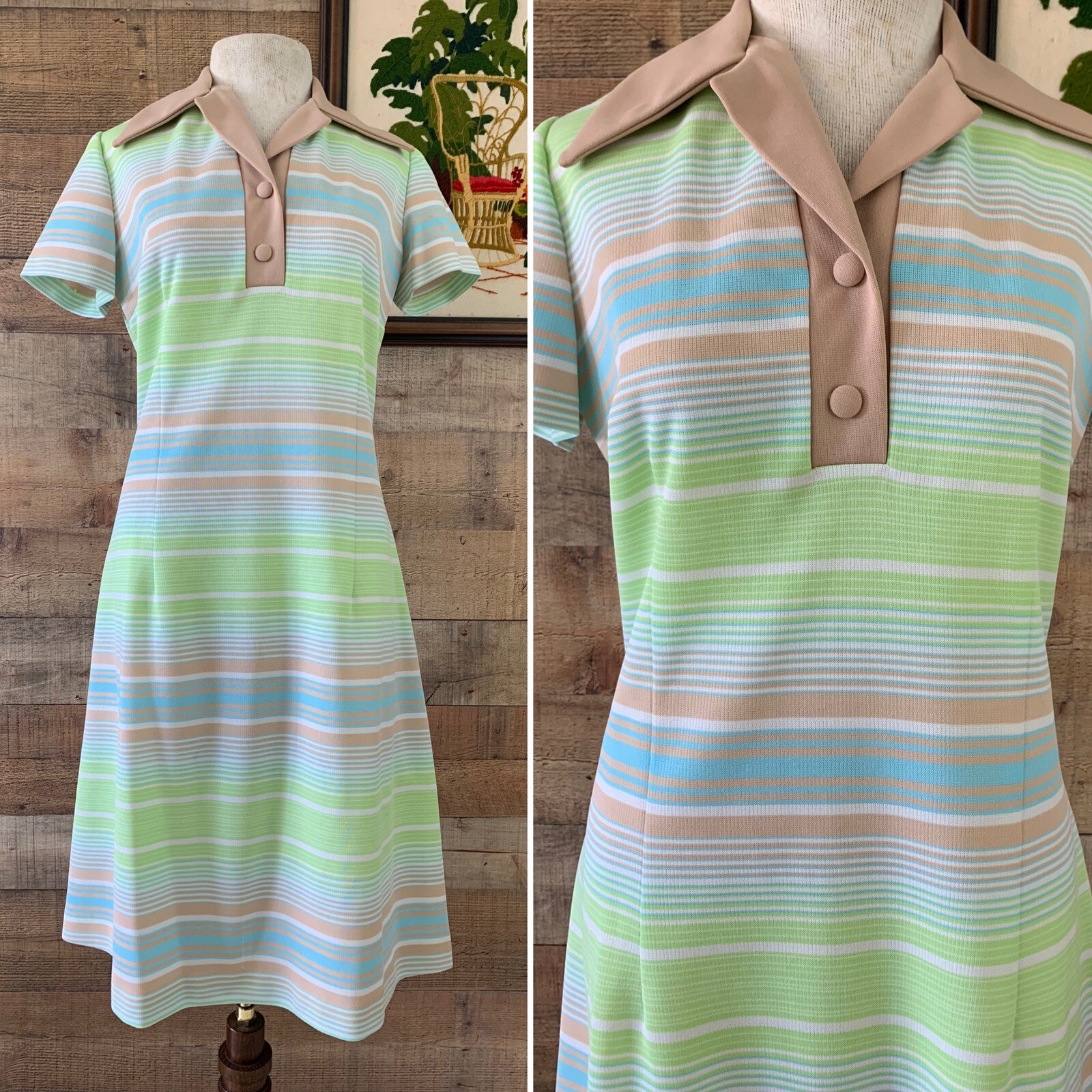 Vintage 1970’s Mod Boho Pastel Striped Fit Flare Dress Size M/L Pointy Collar