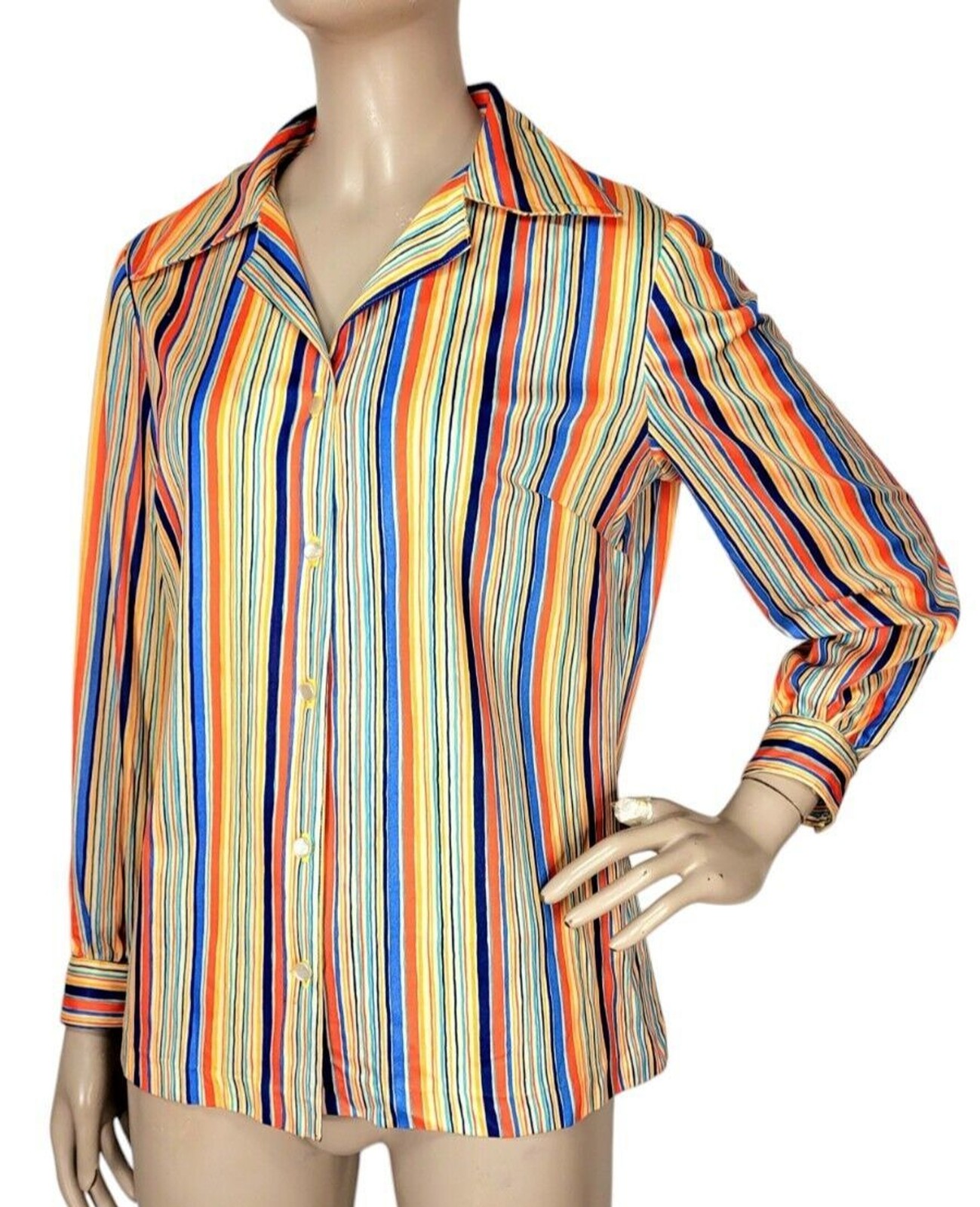 Vintage 60s MOD Colorful Striped Button-Down Handmade Blouse Women’s Size S/M