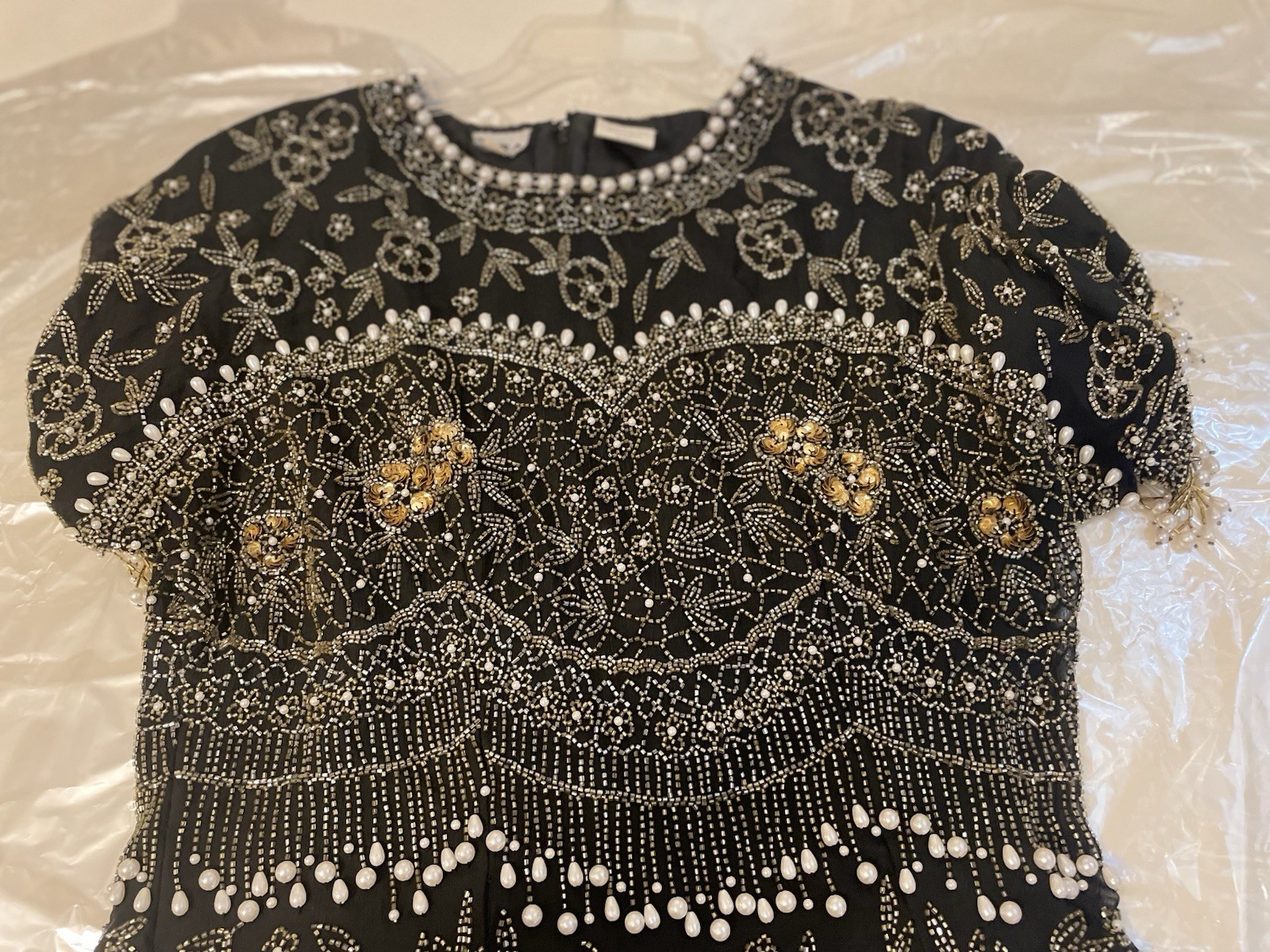 Vintage Patra Black Tie sequin beaded top. 100% Pure Silk. Women’s Size 8 NWOT
