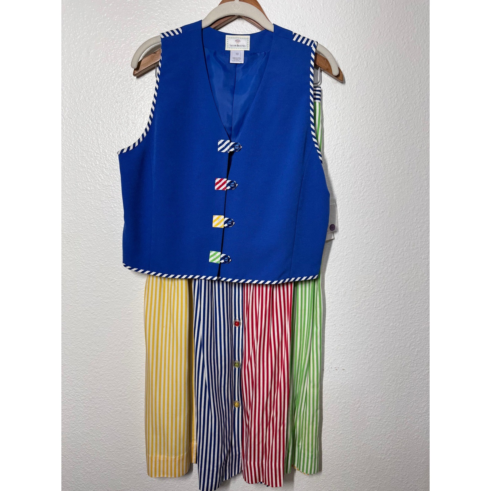 Vintage Susan Bristol 2 Piece Top and Skirt Set Blue Striped Rainbow NWT Sz 10