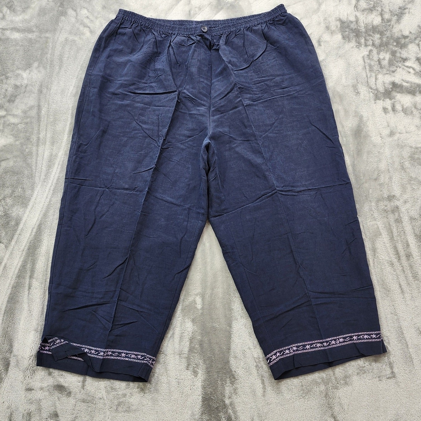 Vintage Dressbarn Pants Womens 22W Blue Silk Linen Blend Crop Capri Embroidered