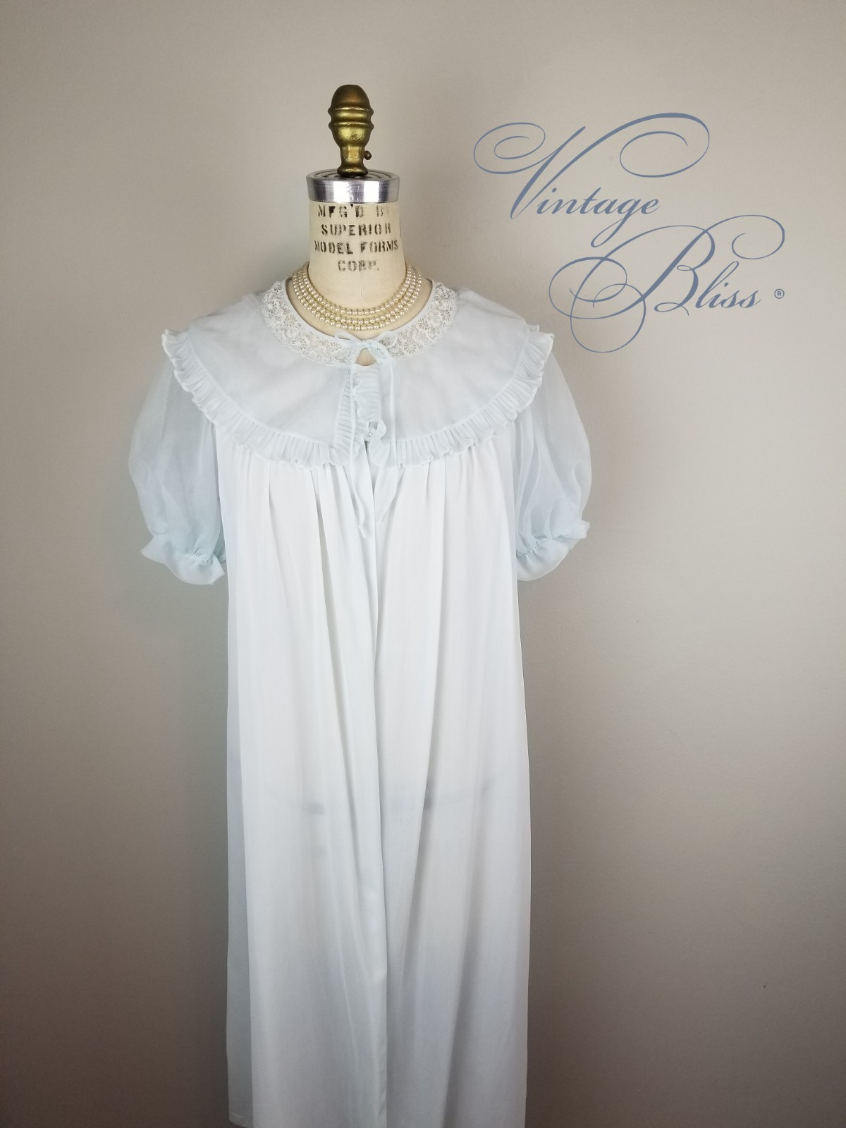 Vintage 1950’s Pale Blue Ruffle Trimmed Sheer Peignoir Robe by Luxite Kayser S/M