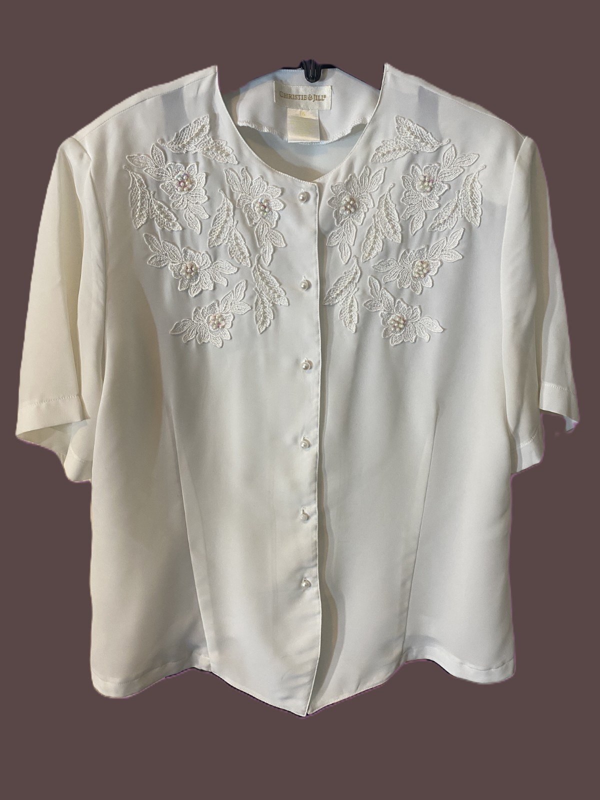 Vintage 80s Christie & Jill Beaded Lace Button Down Short Sleeve Blouse