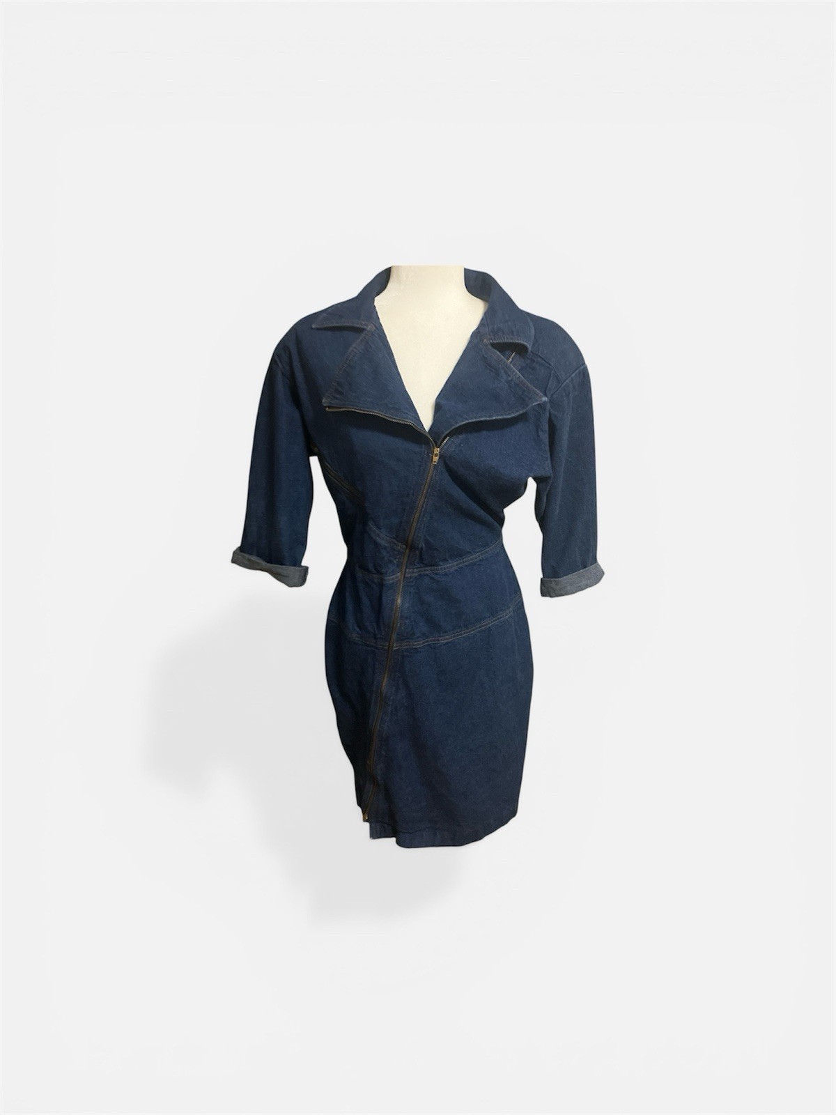 Vintage 80s Dark Blue Denim Dress With Wide Collar And Diagonal Zipper