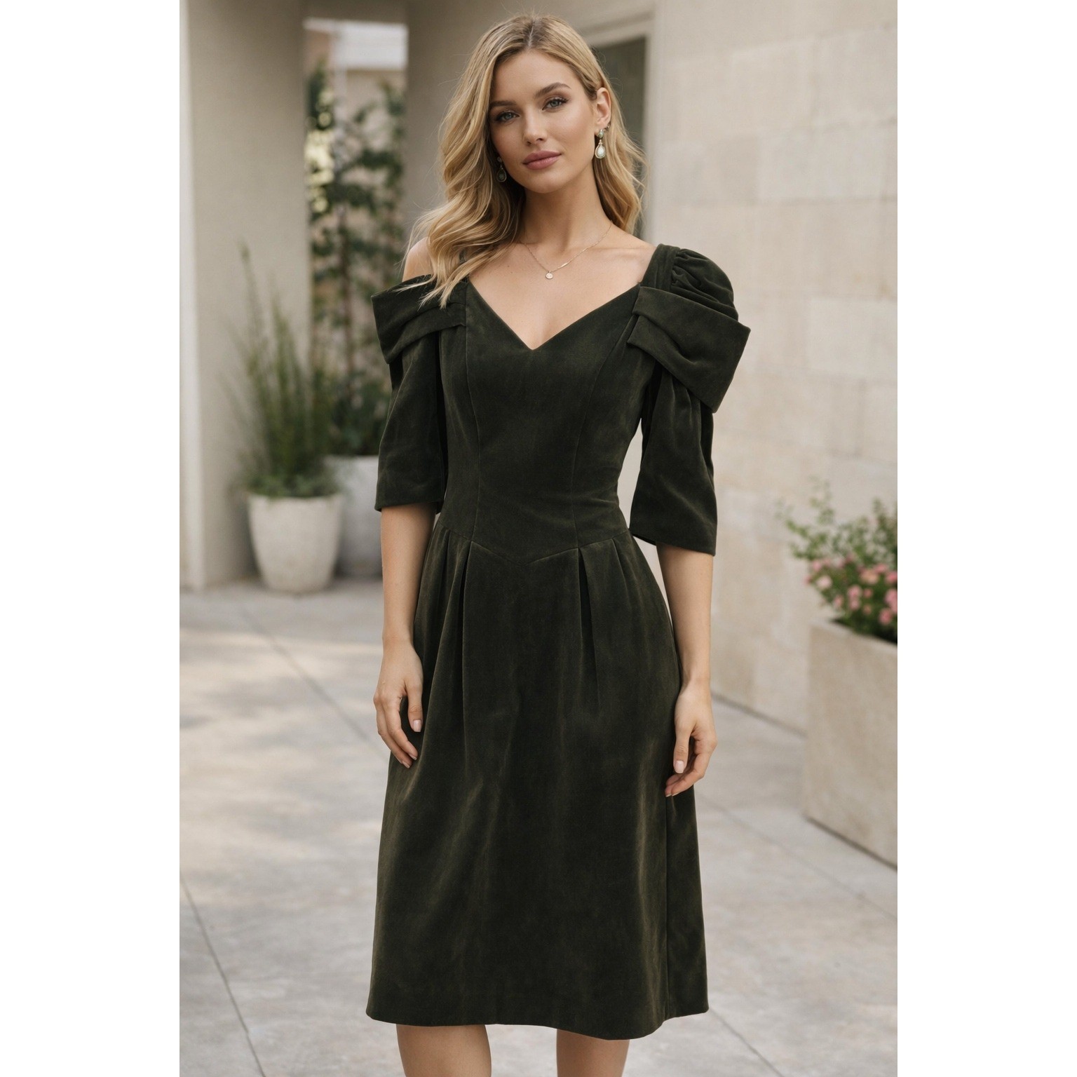 House of Bianchi Velvet Cocktail Dress Womens 9/10 Green Excellent 80s Vintage